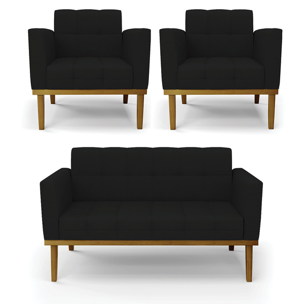 Sofá Namoradeira E 2 Poltronas Base Madeira Castanho Elisa Li