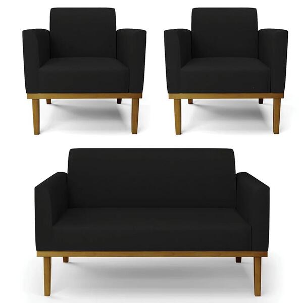 Sofá Namoradeira E 2 Poltronas Base Madeira Castanho Maressa