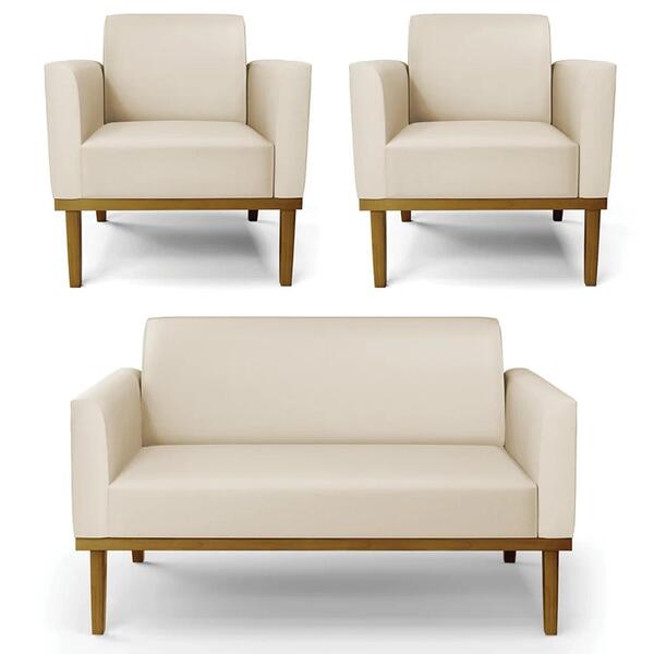 Sofá Namoradeira E 2 Poltronas Base Madeira Castanho Maressa