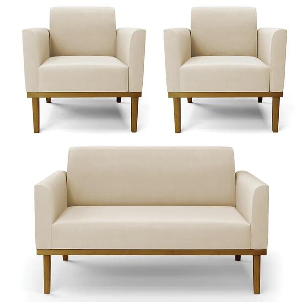 Sofá Namoradeira E 2 Poltronas Base Madeira Castanho Maressa