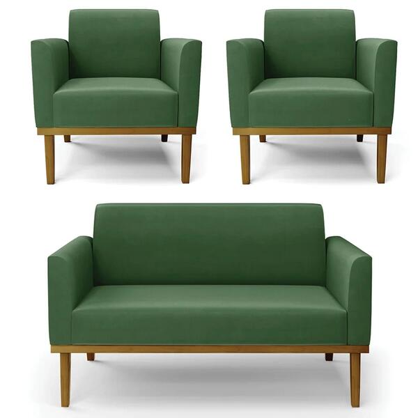 Sofá Namoradeira E 2 Poltronas Base Madeira Castanho Maressa