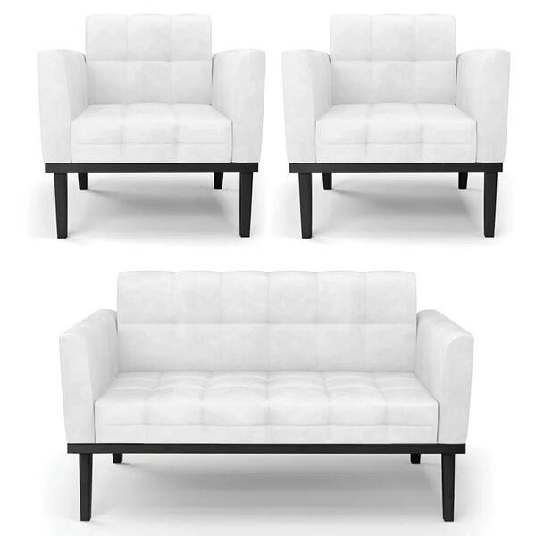 Sofá Namoradeira E 2 Poltronas Base Madeira Preto Ana Sintéti