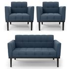 Sofá Namoradeira E 2 Poltronas Base Madeira Preto Ana Suede A