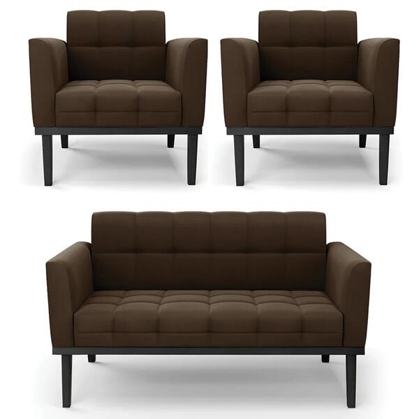 Sofá Namoradeira E 2 Poltronas Base Madeira Preto Ana Suede M