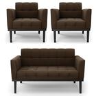 Sofá Namoradeira E 2 Poltronas Base Madeira Preto Ana Suede M