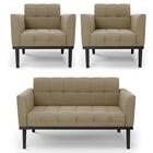 Sofá Namoradeira E 2 Poltronas Base Madeira Preto Ana Suede M