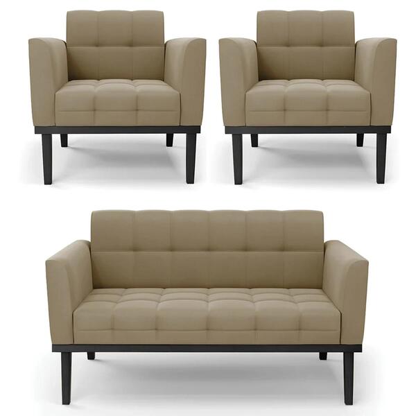 Sofá Namoradeira E 2 Poltronas Base Madeira Preto Ana Suede M