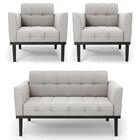 Sofá Namoradeira E 2 Poltronas Base Madeira Preto Ana Veludo