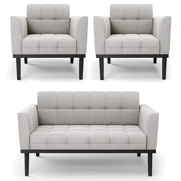 Sofá Namoradeira E 2 Poltronas Base Madeira Preto Ana Veludo