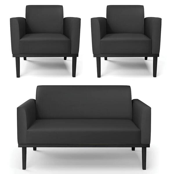 Sofá Namoradeira E 2 Poltronas Base Madeira Preto Maressa Sin