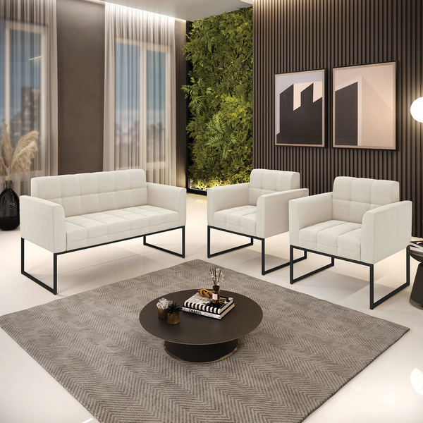 Sofá Namoradeira E 2 Poltronas Industrial Pto Elisa Bouclê Be