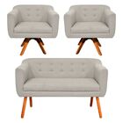 Sofá Namoradeira E 2 Poltronas Julia Giratória Madeira Linho