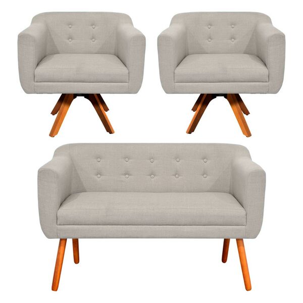 Sofá Namoradeira E 2 Poltronas Julia Giratória Madeira Linho