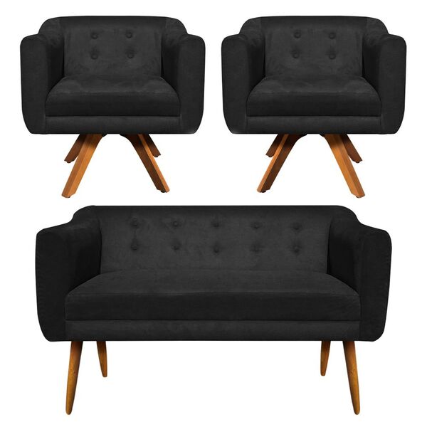 Sofá Namoradeira E 2 Poltronas Julia Giratória Madeira Suede