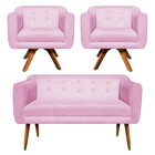 Sofá Namoradeira E 2 Poltronas Julia Giratória Madeira Suede