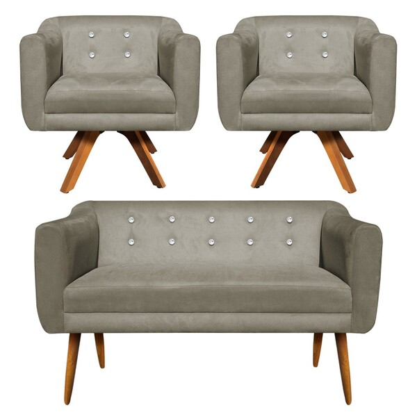 Sofá Namoradeira E 2 Poltronas Julia Giratória Madeira Suede