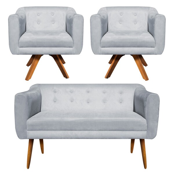 Sofá Namoradeira E 2 Poltronas Julia Giratória Madeira Suede