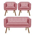 Sofá Namoradeira E 2 Poltronas Julia Pé Palito Castanho Suede