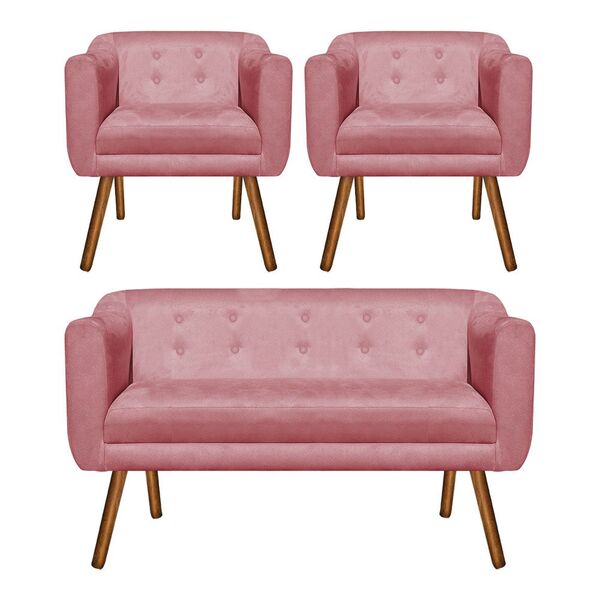 Sofá Namoradeira E 2 Poltronas Julia Pé Palito Castanho Suede