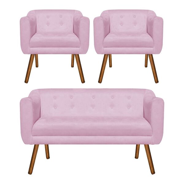 Sofá Namoradeira E 2 Poltronas Julia Pé Palito Castanho Suede