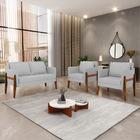 Sofá Namoradeira E 2 Poltronas Lana Linho Cinza Base Madeira