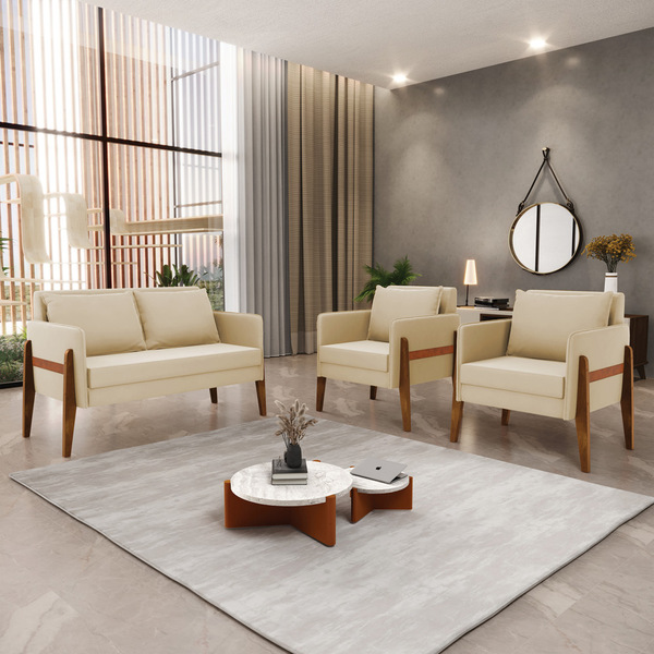 Sofá Namoradeira E 2 Poltronas Lana Suede Bege Base Madeira D
