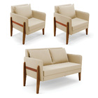 Sofá Namoradeira E 2 Poltronas Lana Suede Bege Base Madeira D