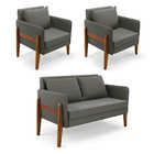 Sofá Namoradeira E 2 Poltronas Lana Suede Grafite Base Madeir