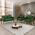 Sofá Namoradeira E 2 Poltronas Lana Suede Verde Base Madeira