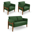 Sofá Namoradeira E 2 Poltronas Lana Suede Verde Base Madeira