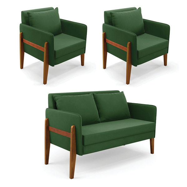 Sofá Namoradeira E 2 Poltronas Lana Suede Verde Base Madeira