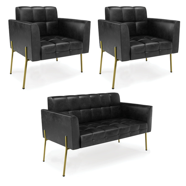 Sofá Namoradeira E 2 Poltronas Pé De Ferro Dourado Elisa Cora