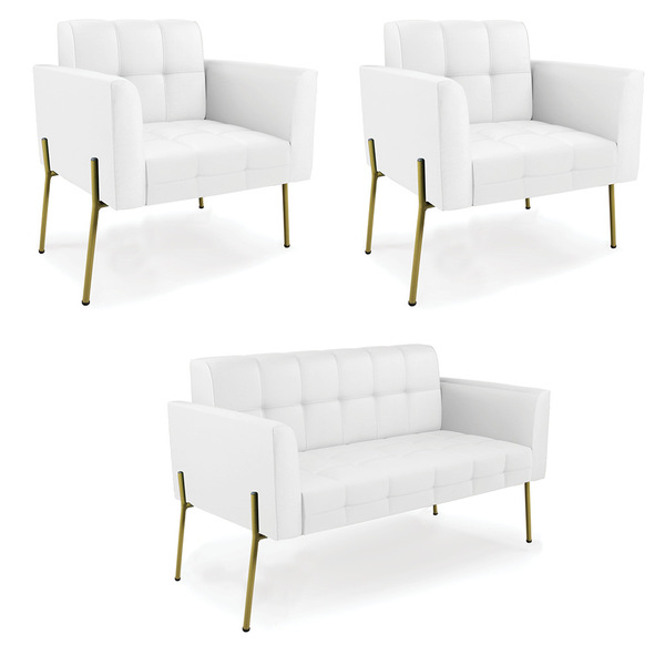 Sofá Namoradeira E 2 Poltronas Pé De Ferro Dourado Elisa Cori