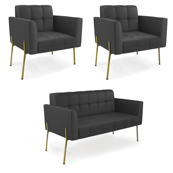 Sofá Namoradeira E 2 Poltronas Pé De Ferro Dourado Elisa Cori