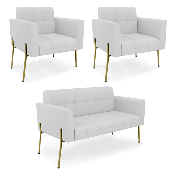 Sofá Namoradeira E 2 Poltronas Pé De Ferro Dourado Elisa Linh