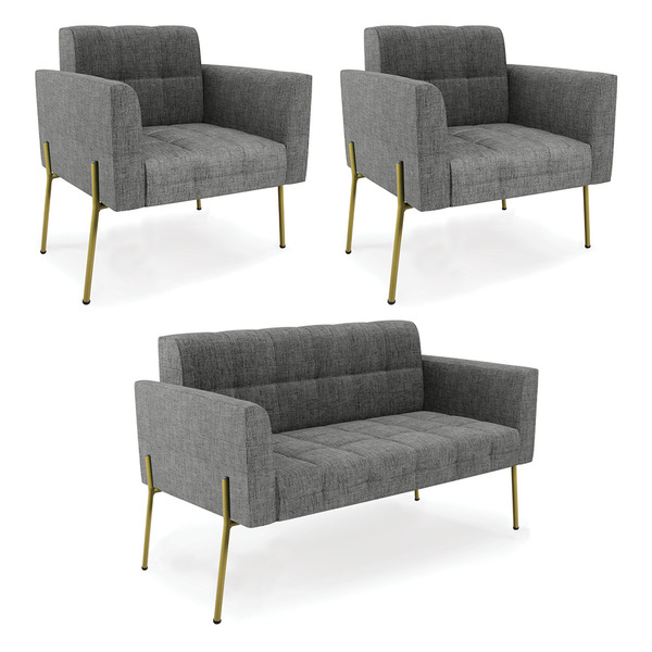 Sofá Namoradeira E 2 Poltronas Pé De Ferro Dourado Elisa Linh