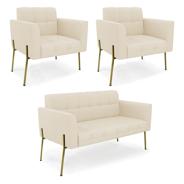 Sofá Namoradeira E 2 Poltronas Pé De Ferro Dourado Elisa Linh