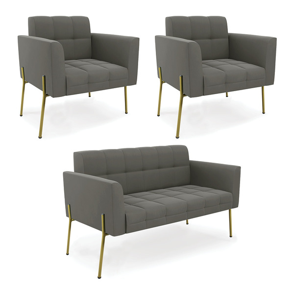 Sofá Namoradeira E 2 Poltronas Pé De Ferro Dourado Elisa Sued