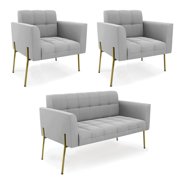 Sofá Namoradeira E 2 Poltronas Pé De Ferro Dourado Elisa Sued
