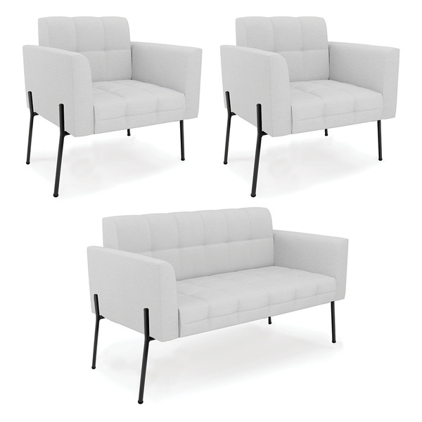 Sofá Namoradeira E 2 Poltronas Pé De Ferro Preto Elisa Linho