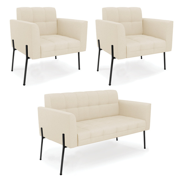 Sofá Namoradeira E 2 Poltronas Pé De Ferro Preto Elisa Linho