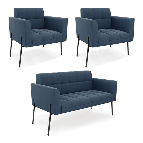 Sofá Namoradeira E 2 Poltronas Pé De Ferro Preto Elisa Suede