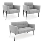 Sofá Namoradeira E 2 Poltronas Pé De Ferro Preto Elisa Suede