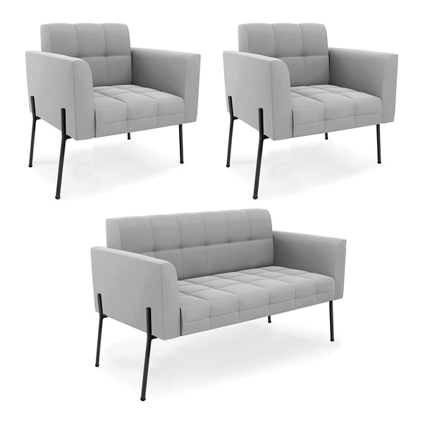 Sofá Namoradeira E 2 Poltronas Pé De Ferro Preto Elisa Suede