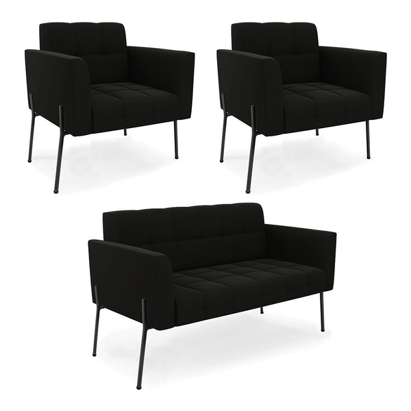 Sofá Namoradeira E 2 Poltronas Pé De Ferro Preto Elisa Suede