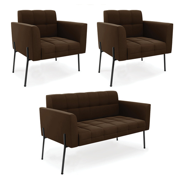 Sofá Namoradeira E 2 Poltronas Pé De Ferro Preto Elisa Suede