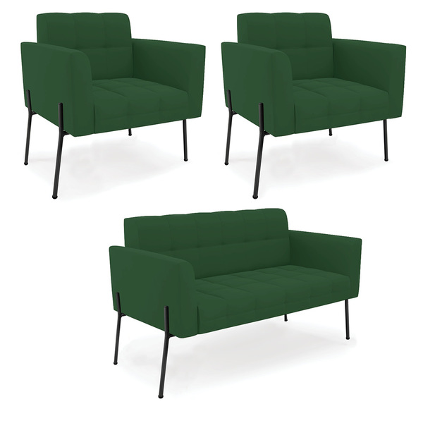 Sofá Namoradeira E 2 Poltronas Pé De Ferro Preto Elisa Veludo