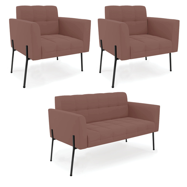 Sofá Namoradeira E 2 Poltronas Pé De Ferro Preto Elisa Veludo