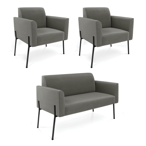 Sofá Namoradeira E 2 Poltronas Pé De Ferro Preto Marisa Suede