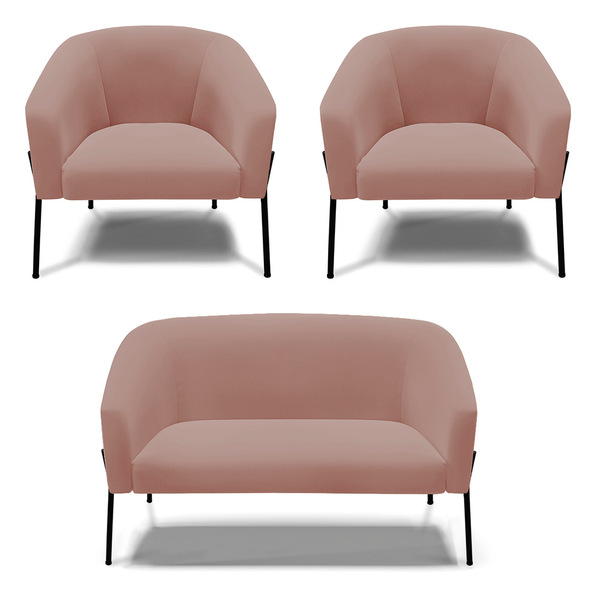 Sofá Namoradeira E 2 Poltronas Pé De Ferro Preto Stella Velud